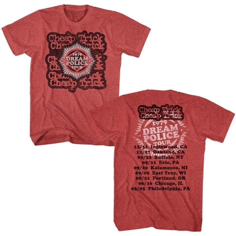 Cheap Trick 1979 Dream Police Tour Men_s Red Concert T-shirt 2 Sided